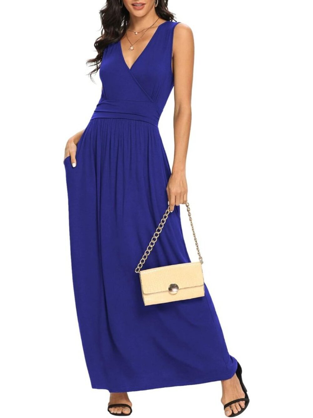 Lilbetter Women's Royal Blue Sleeveless Deep Loose Plain Maxi Casual Dress